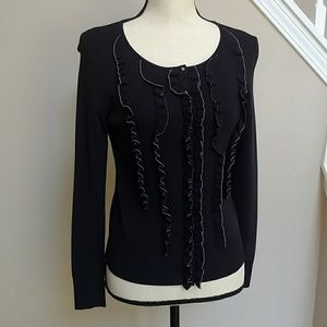 Loft Black/White Ruffled Button-Up Cardigan